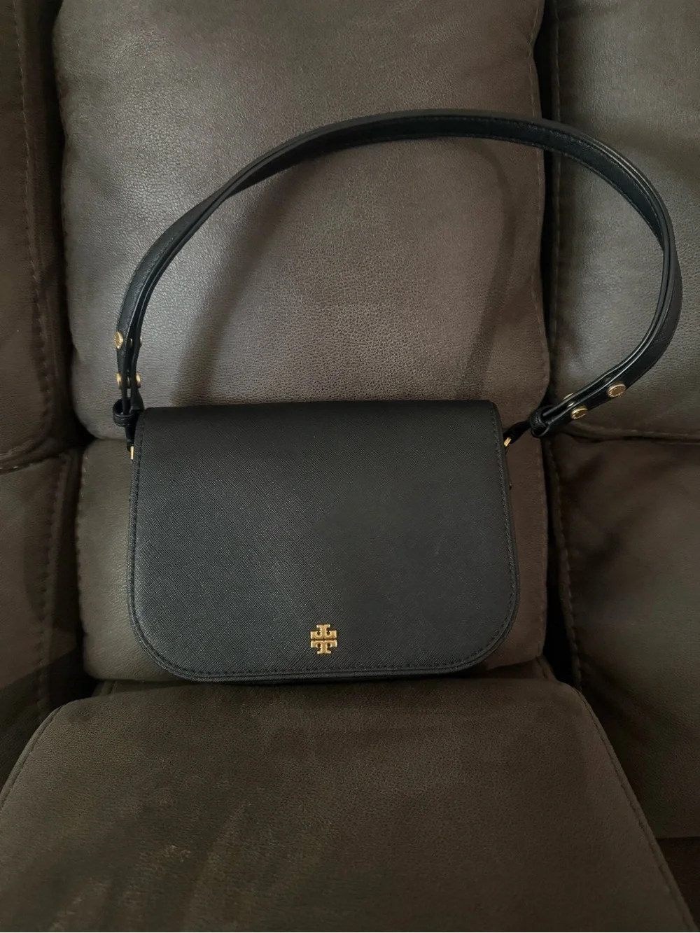 Tory Burch Black Saffiano Crossbody Shoulder Bag with Gold Logo